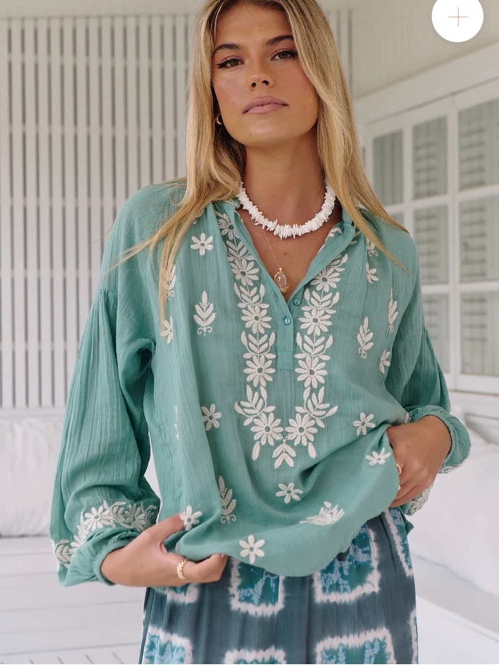 Maison Hotel Lina Blouse Holbox Figo Green Embroidered Cotton XL